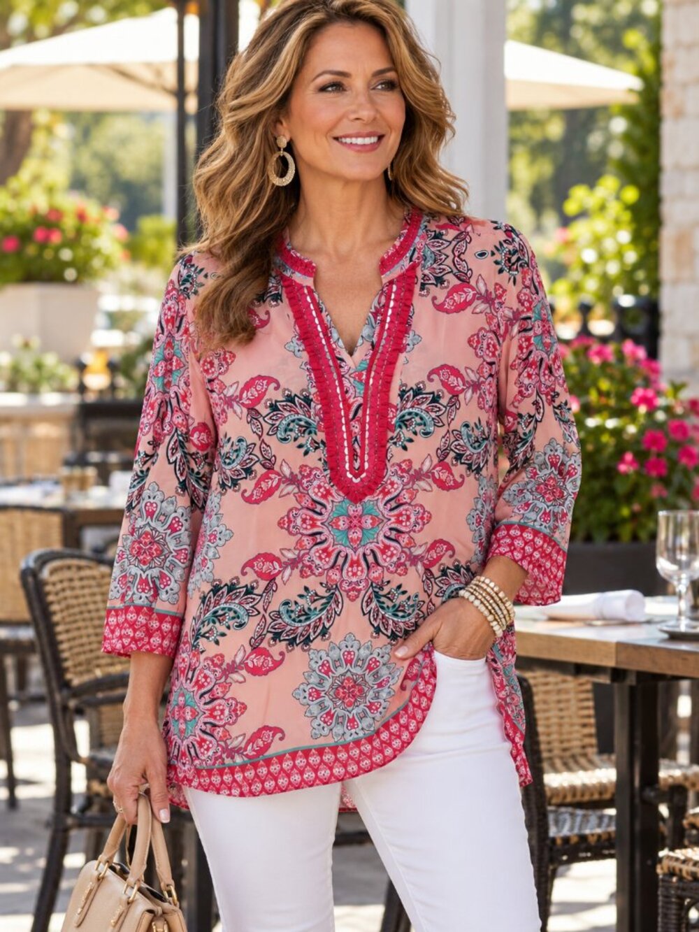CHARTER CLUB Blouse Tunic Decorative V-Neck Peach Floral NWOT L